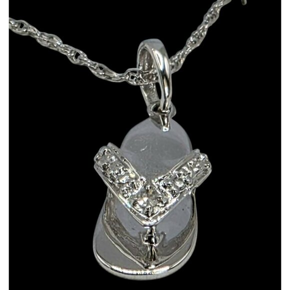 New 10K White Gold Flip Flop Pendant Necklace Diamond Accent 18